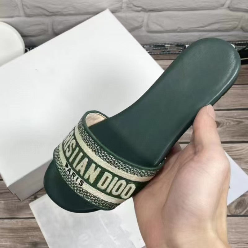 Outdoor Chunky Heel Slippers Summer New Home D Women's Shoes Woven Embroidered Flat Slippers