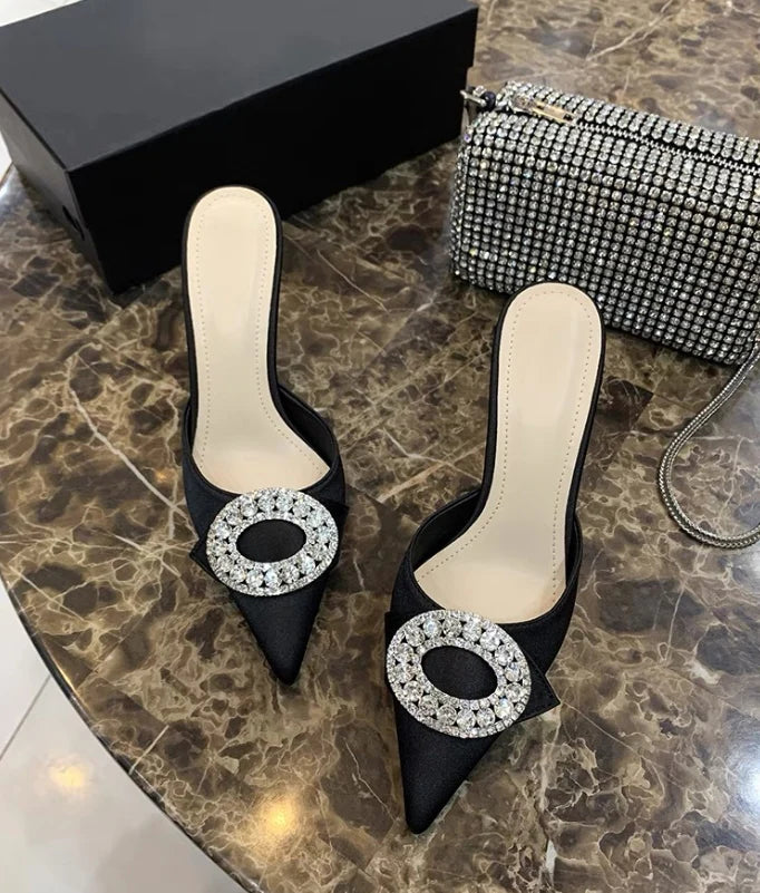 [In Stock] 2024 Spring and Summer New Rhinestone Sandals Pointed White Sandals Sexy Temperament High Heels Slippers