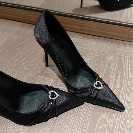 [In Stock] Black High Heels Spring and Autumn Stiletto Heel Pointed Toe Heart Shape Rhinestone Elegant French Style Dress Pumps