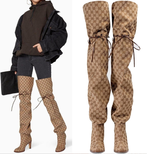 Round head printed high heels lace-up adjustable over knee boots personality plus size catwalk boots with chunky heels