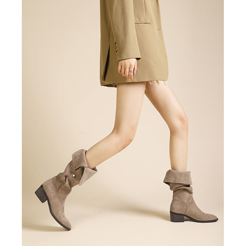 Western Pile Style Boots 2024 Summer Thigh-High Chunky Heel Square Toe Pleated Cowboy Boot below the Knee Frosted Suede Boots