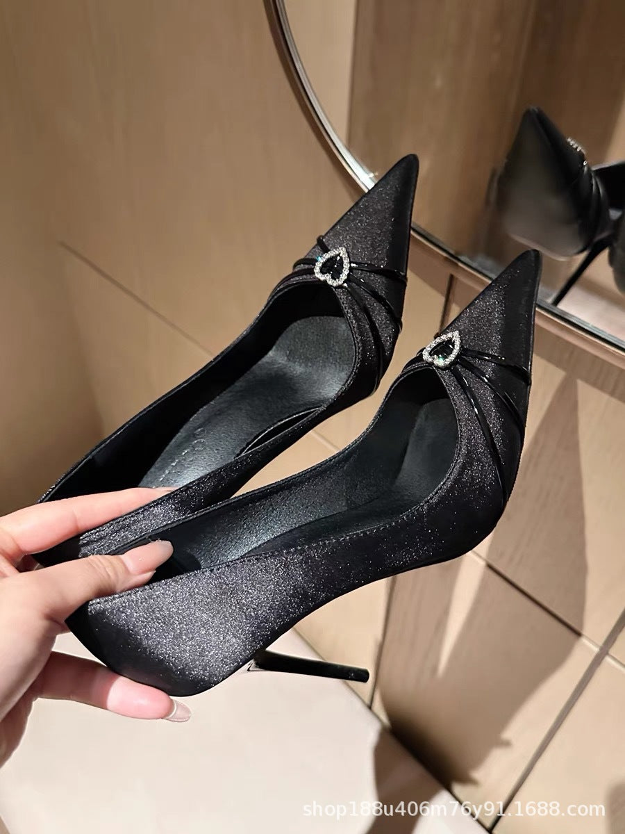 [In Stock] Black High Heels Spring and Autumn Stiletto Heel Pointed Toe Heart Shape Rhinestone Elegant French Style Dress Pumps