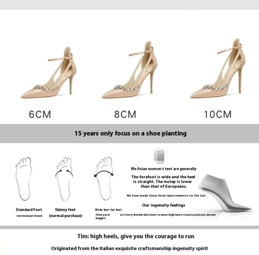 Pointed High Heel Shoes Women's Stiletto Heel 2024 Spring and Summer New Rhinestone Temperament Closed Toe Strap Shallow Mouth Sexy Sandals