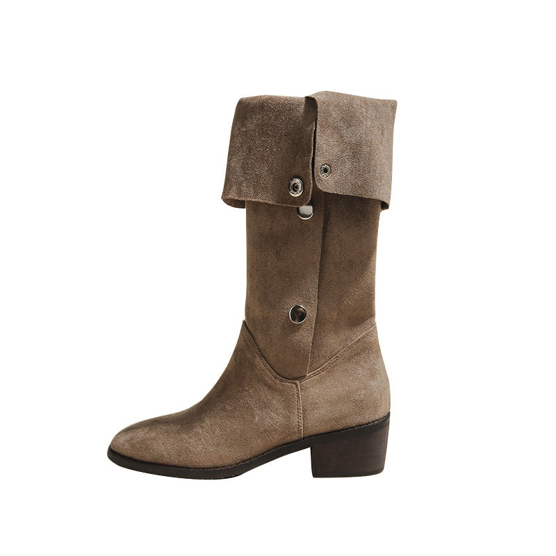 Western Pile Style Boots 2024 Summer Thigh-High Chunky Heel Square Toe Pleated Cowboy Boot below the Knee Frosted Suede Boots