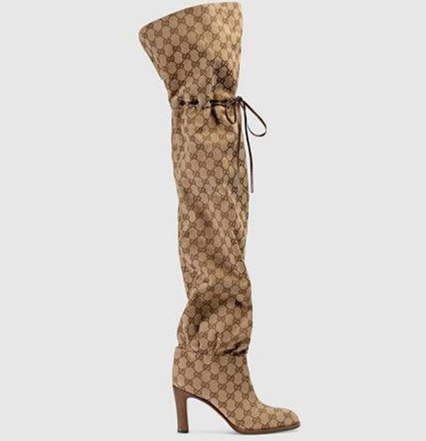 Round head printed high heels lace-up adjustable over knee boots personality plus size catwalk boots with chunky heels