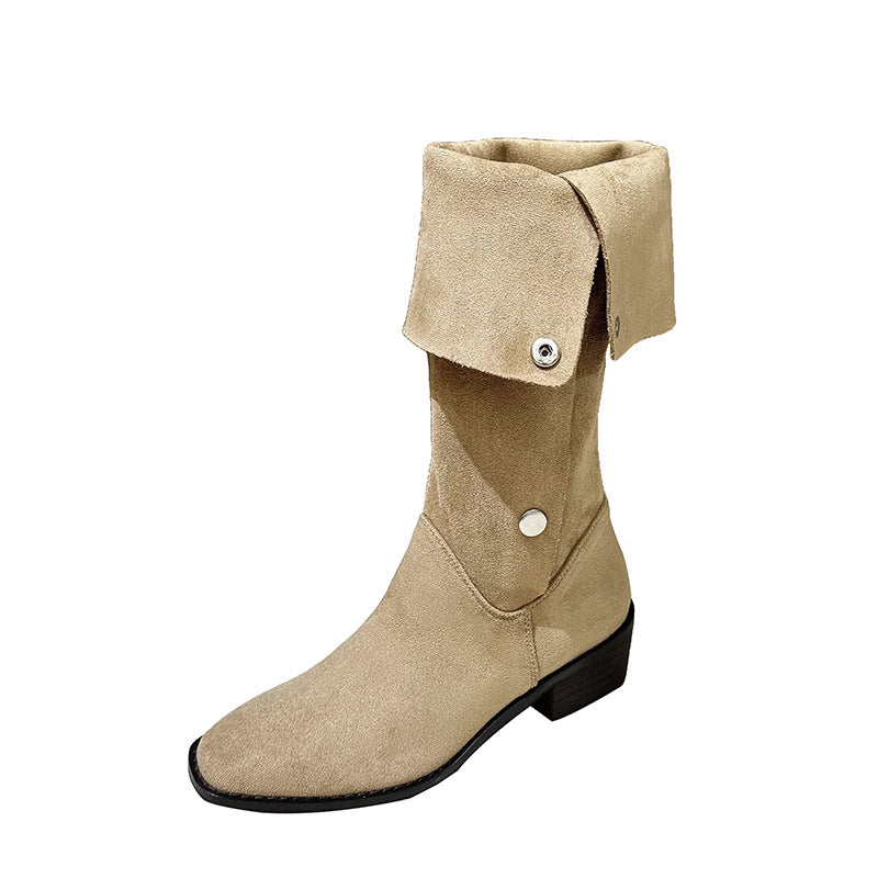 Western Pile Style Boots 2024 Summer Thigh-High Chunky Heel Square Toe Pleated Cowboy Boot below the Knee Frosted Suede Boots