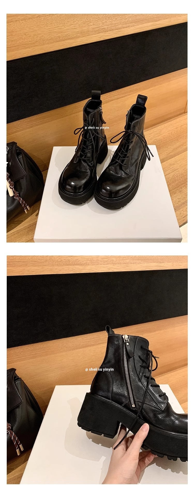 Washed Horse Leather Lace up Chunky Heel Hot Girl Chunky Heel Ankle Boots Autumn and Winter New British Style Lace-up Platform Motorcycle Boots