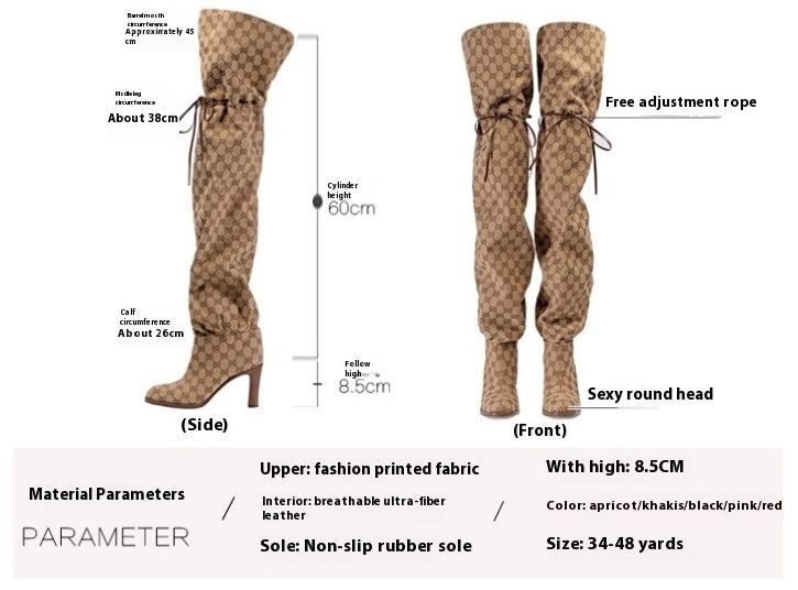 Round head printed high heels lace-up adjustable over knee boots personality plus size catwalk boots with chunky heels