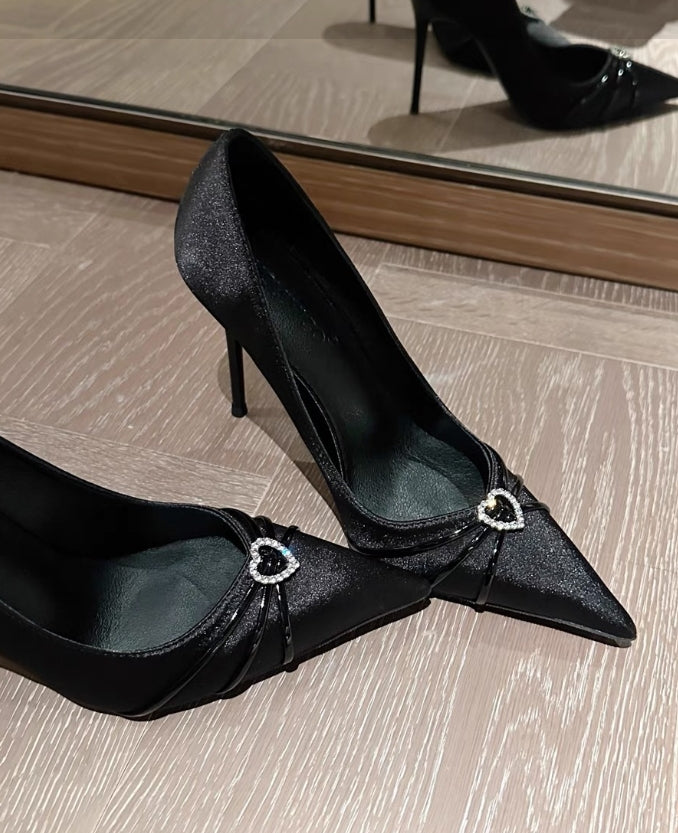 [In Stock] Black High Heels Spring and Autumn Stiletto Heel Pointed Toe Heart Shape Rhinestone Elegant French Style Dress Pumps