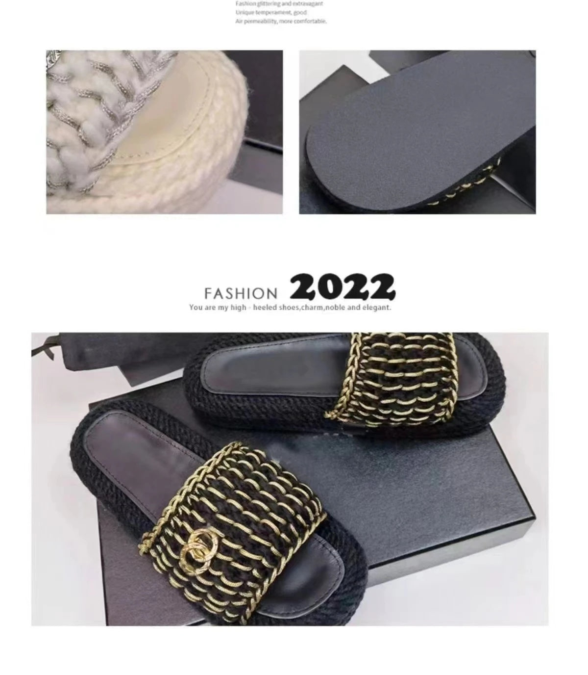 Summer New Woven Thick Bottom Increased Comfortable Slippers Women's One-Strap Knitted Flat Women's Sandals for Outer Wear