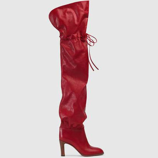 Round head printed high heels lace-up adjustable over knee boots personality plus size catwalk boots with chunky heels