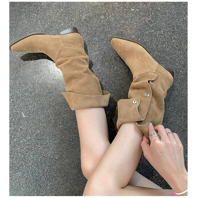 Western Pile Style Boots 2024 Summer Thigh-High Chunky Heel Square Toe Pleated Cowboy Boot below the Knee Frosted Suede Boots