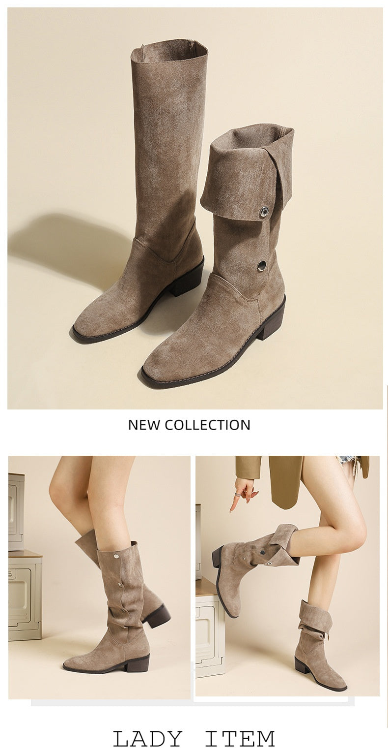 Western Pile Style Boots 2024 Summer Thigh-High Chunky Heel Square Toe Pleated Cowboy Boot below the Knee Frosted Suede Boots