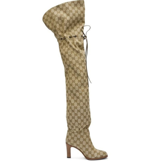 Round head printed high heels lace-up adjustable over knee boots personality plus size catwalk boots with chunky heels