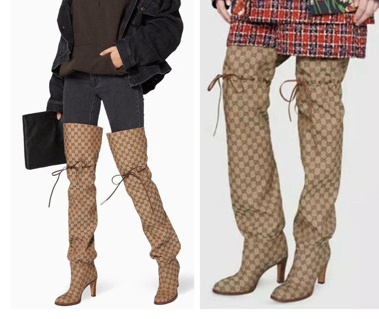 Round head printed high heels lace-up adjustable over knee boots personality plus size catwalk boots with chunky heels