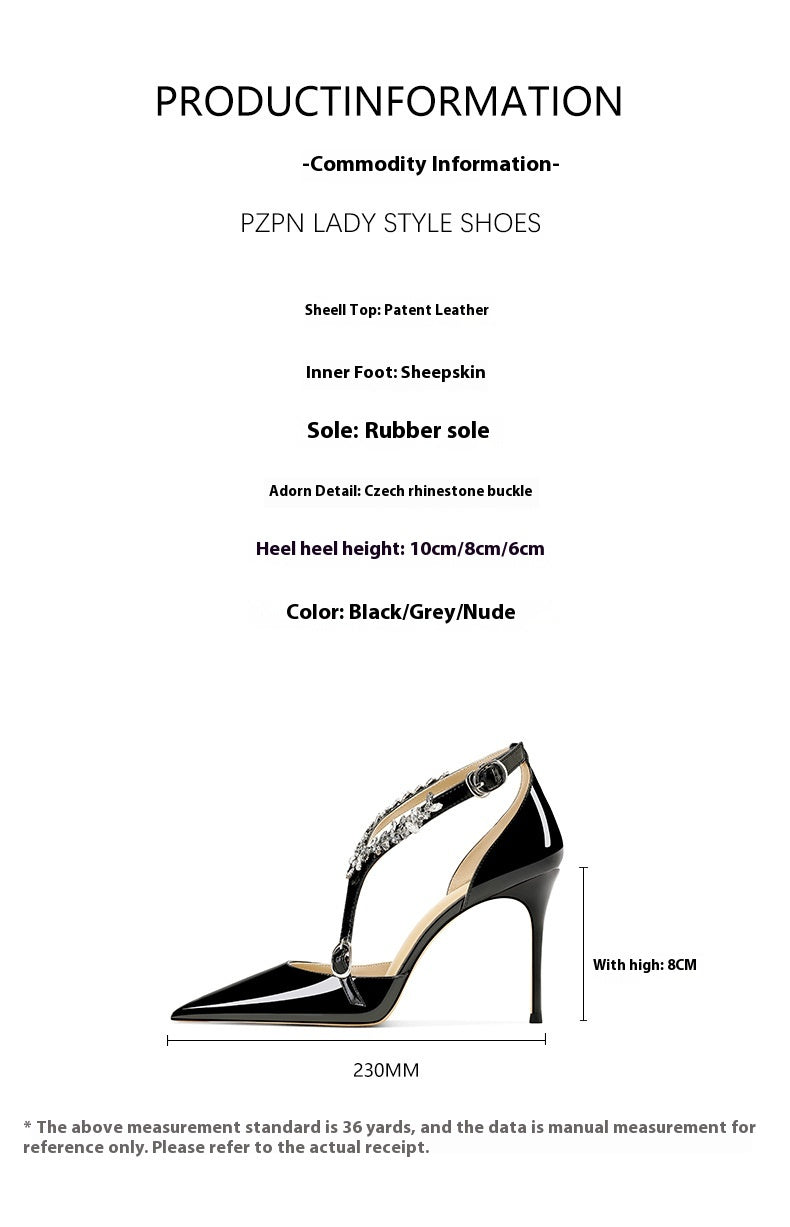 Plus Size Authentic Leather Rhinestones High Heels 2024 New Summer Versatile Pointed Toe Stiletto Heel Buckle Strap Closed Toe Sandals for Women