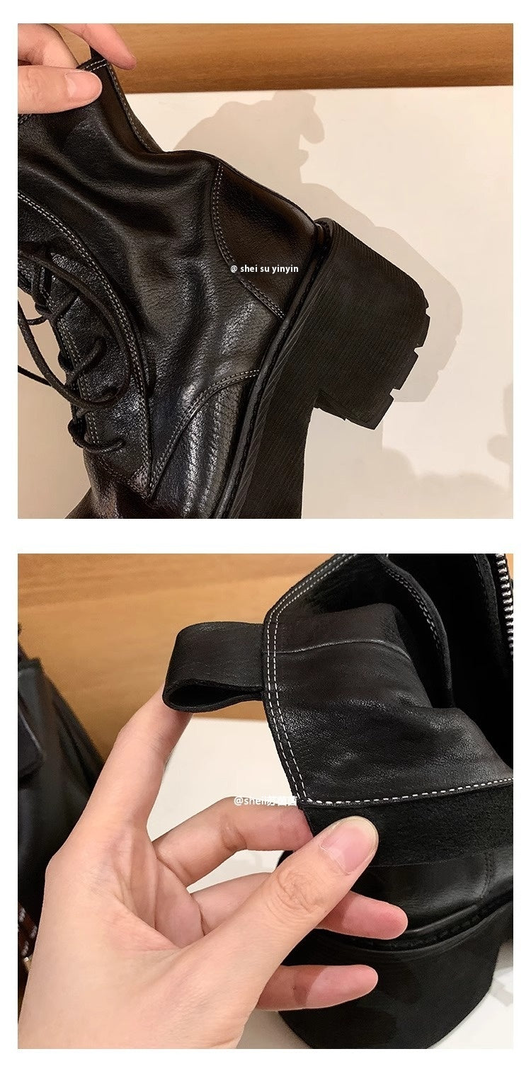 Washed Horse Leather Lace up Chunky Heel Hot Girl Chunky Heel Ankle Boots Autumn and Winter New British Style Lace-up Platform Motorcycle Boots