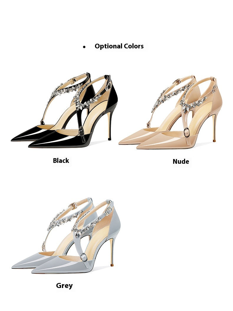 Plus Size Authentic Leather Rhinestones High Heels 2024 New Summer Versatile Pointed Toe Stiletto Heel Buckle Strap Closed Toe Sandals for Women