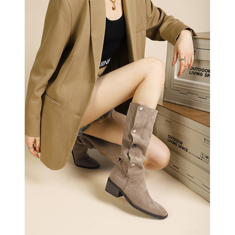 Western Pile Style Boots 2024 Summer Thigh-High Chunky Heel Square Toe Pleated Cowboy Boot below the Knee Frosted Suede Boots