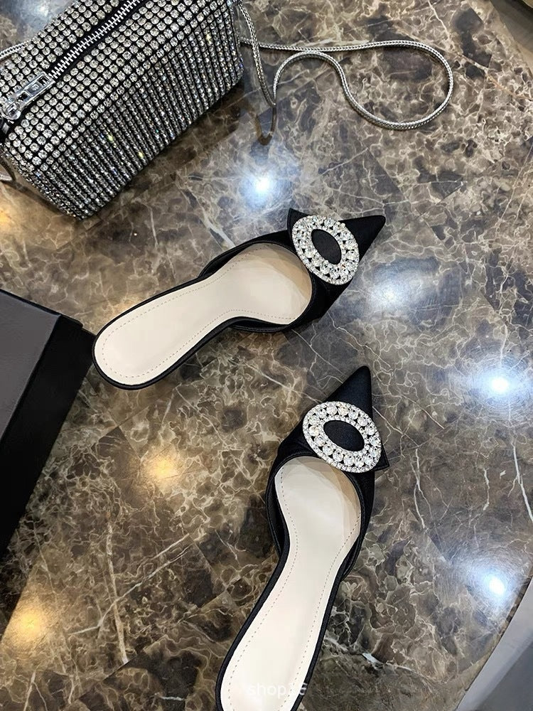 [In Stock] 2024 Spring and Summer New Rhinestone Sandals Pointed White Sandals Sexy Temperament High Heels Slippers