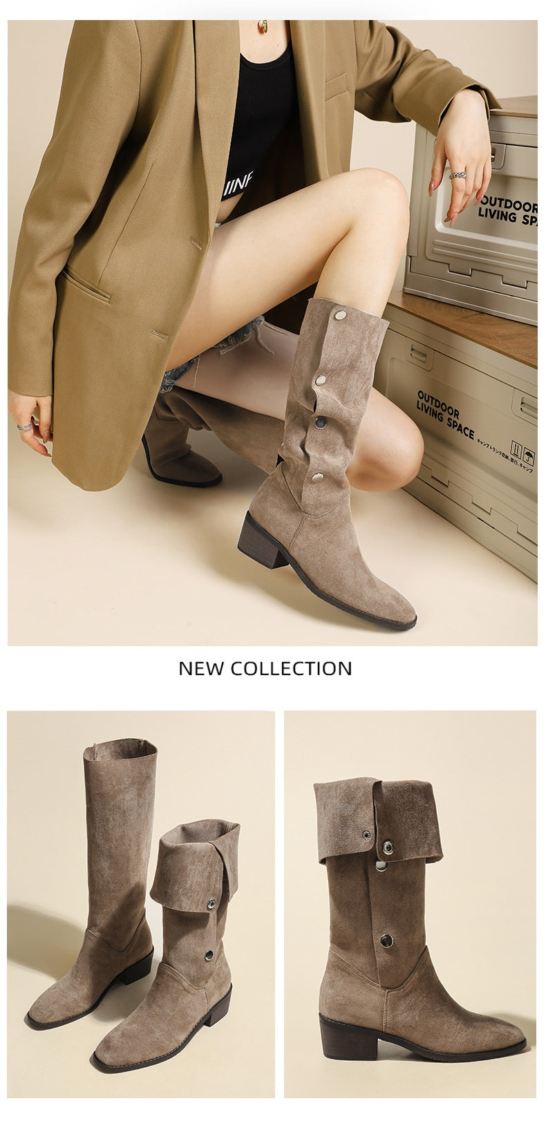 Western Pile Style Boots 2024 Summer Thigh-High Chunky Heel Square Toe Pleated Cowboy Boot below the Knee Frosted Suede Boots